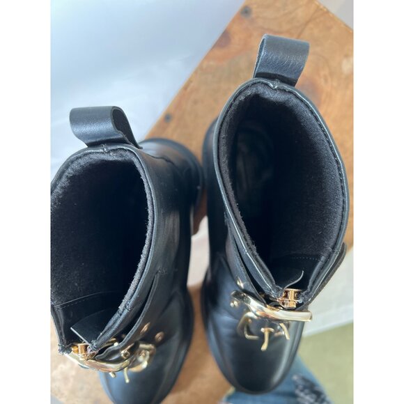ASOS Black Leather Gold Metal Double Buckle Ankle Biker Boot US Size 6 UK Size 4 - Picture 5 of 14